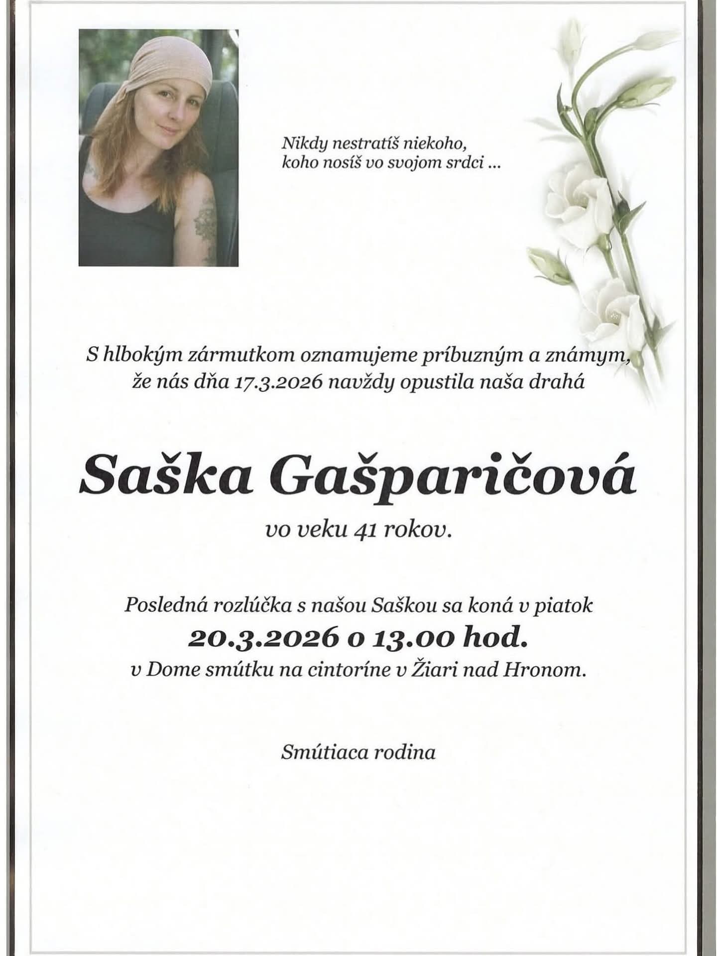 Opustila nás Alexandra Gašparičová